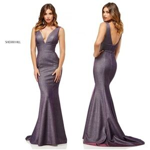 Sherri Hill Glitter Stretch Dress w/ Plunging Neckline, Electric Purple, Size 6